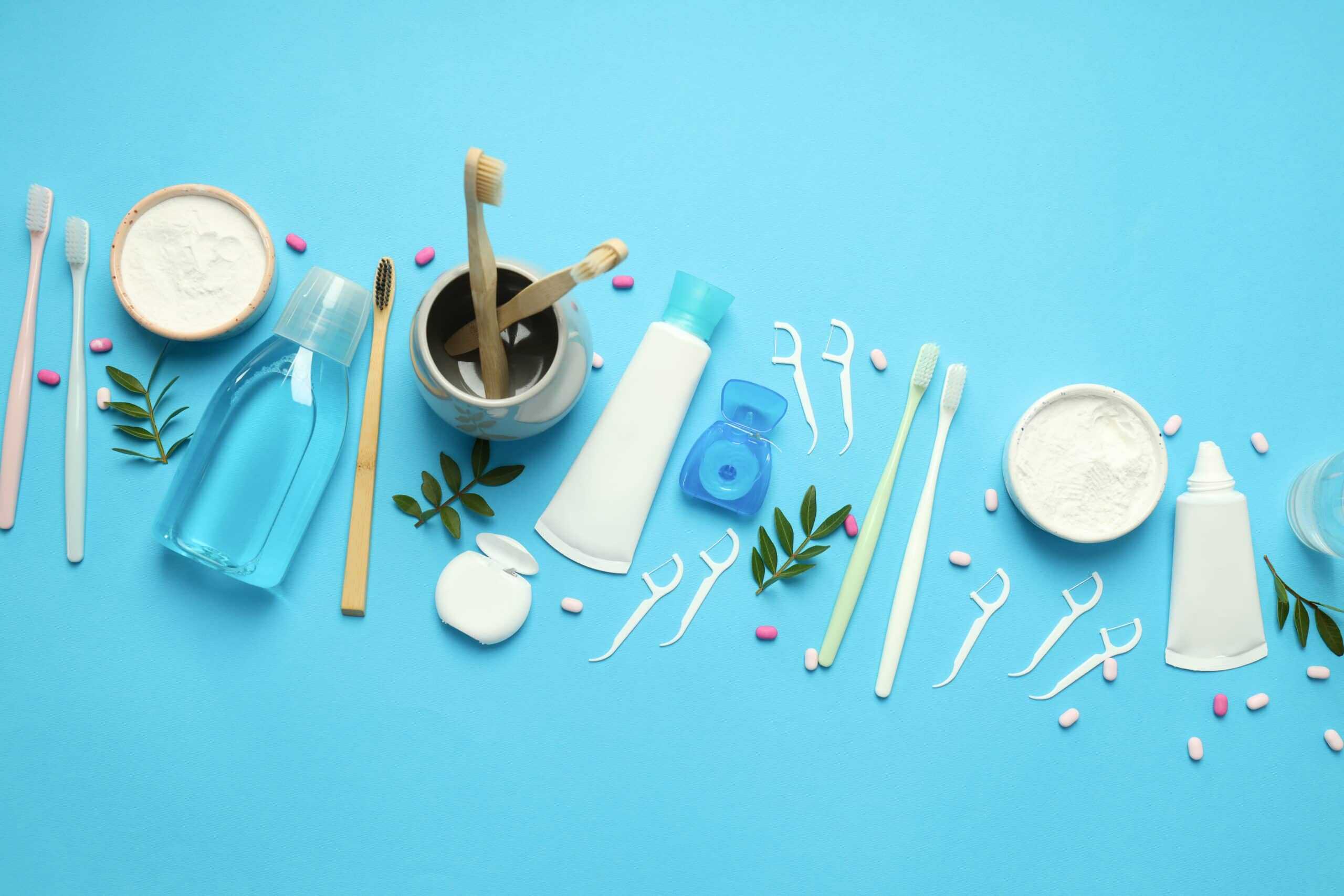 Concept of tooth or oral care, top view